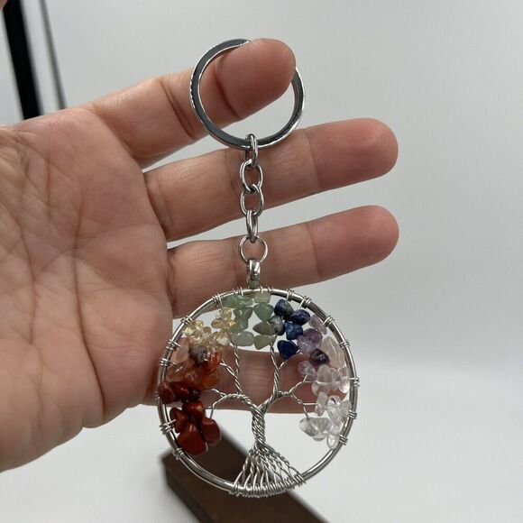 Natural Gemstone Tree Of Life Keychain Chakra Healing Wire Wrapped Handmade - Picture 3 of 7